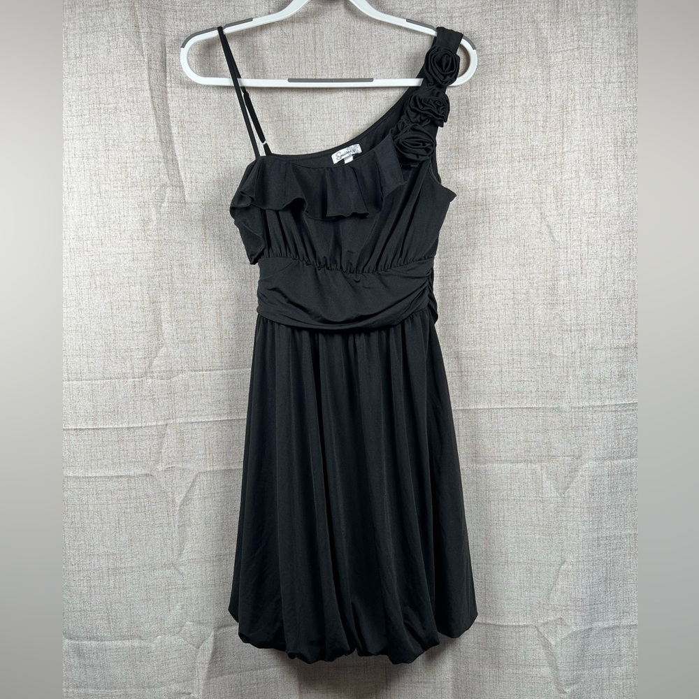 Black One Shoulder Dress Rosette Stretchy Short Bubble Bottom Speekless Women 1X